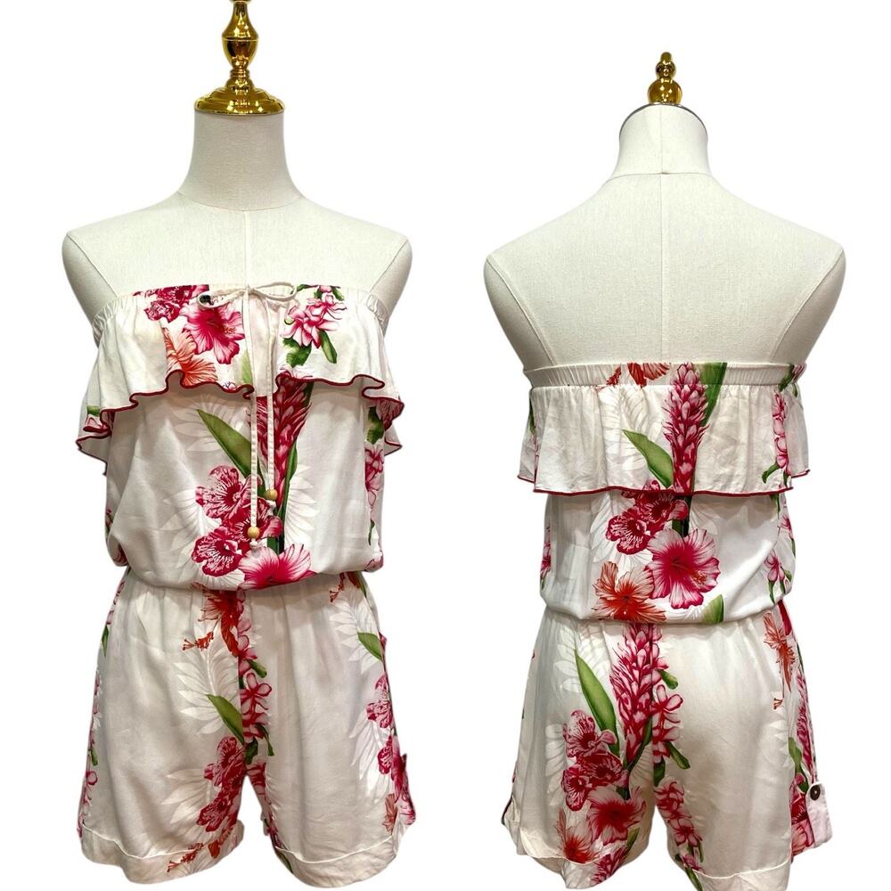 Vintage FAVANT Hawaii White & Red Tropical Floral Strapless Romper Women size S